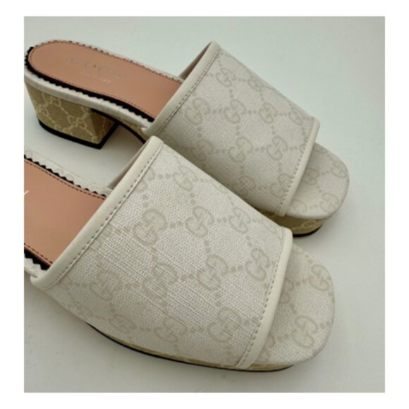 NIB-Gucci White GG Canvas Block Heel Slide Sandals - 37 - Picture 3 of 9